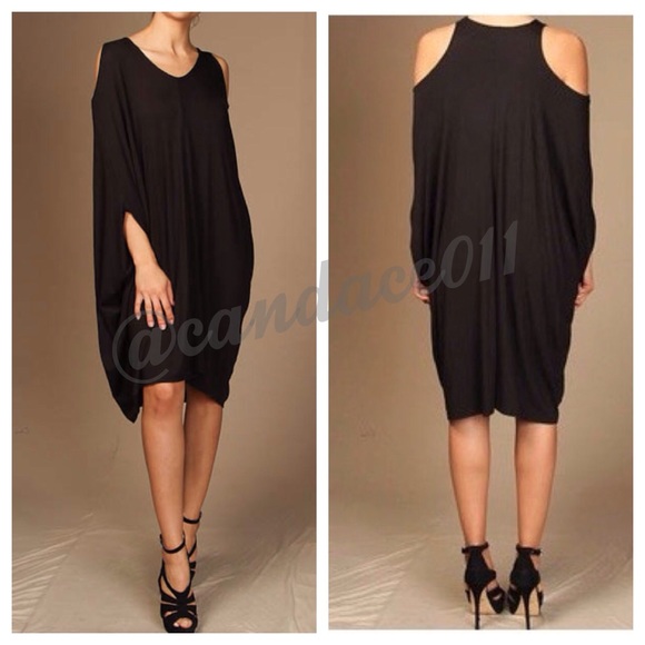 Open Shoulder Jersey Dress (Black) - Picture 5 of 8